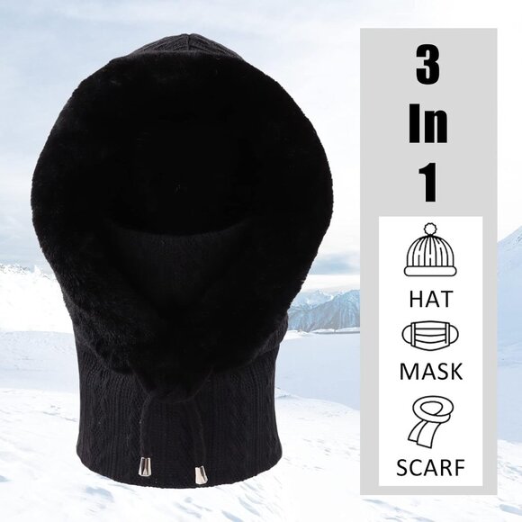 Women Black Polyester Warm Thick Fluff Beanie Adult Neck Face Winter Balaclava - Picture 4 of 7